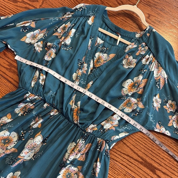 Free People Teal Floral Tuscan Dreams tunic mini dress / tunic top long sleeve M - Picture 10 of 16